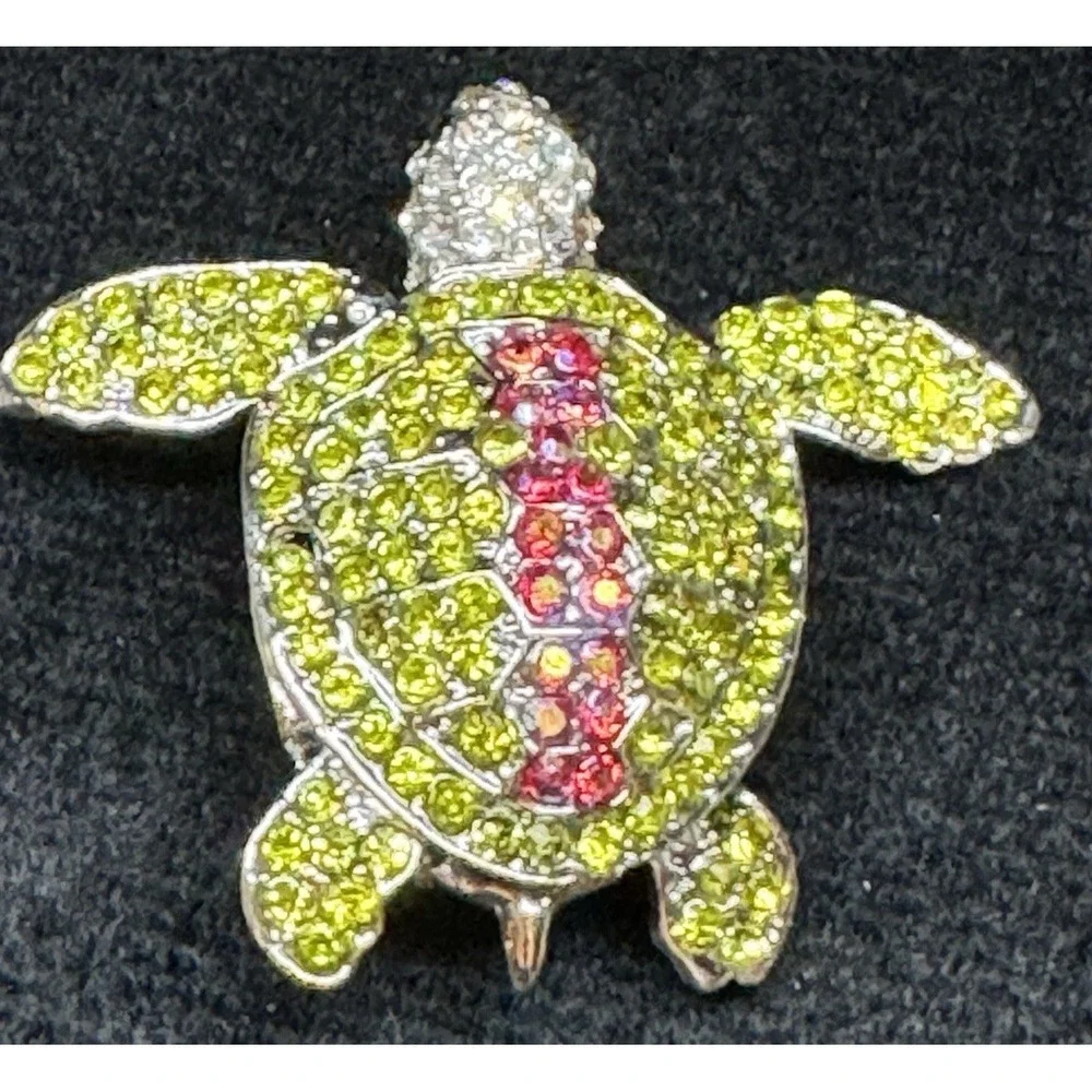 Vintage Sea Turtle Rhinestone Brooch Green Pink Crystal‎ Figural Animal Jewelry